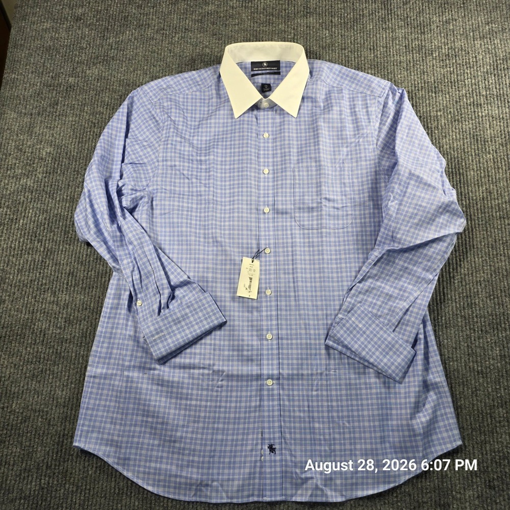 Hart Schaffner Marx Mens Blue Plaid Pima Cotton Non-Iron Dress Shirt 17.5 34/35